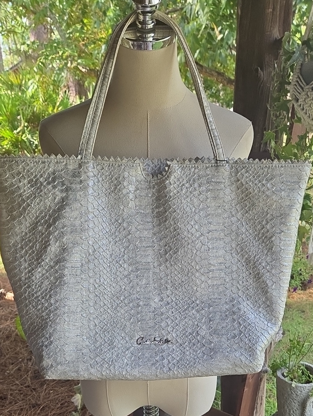 Carlos Falchi Silver Vegan Snakeskin Tote Bag